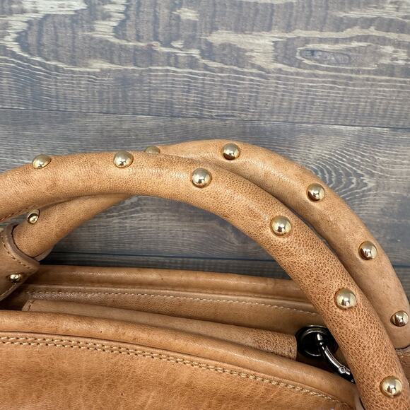 Aleanto Collezioni Italy Camel Leather Satchel Purse Handbag Studded Handle Read - Picture 7 of 15